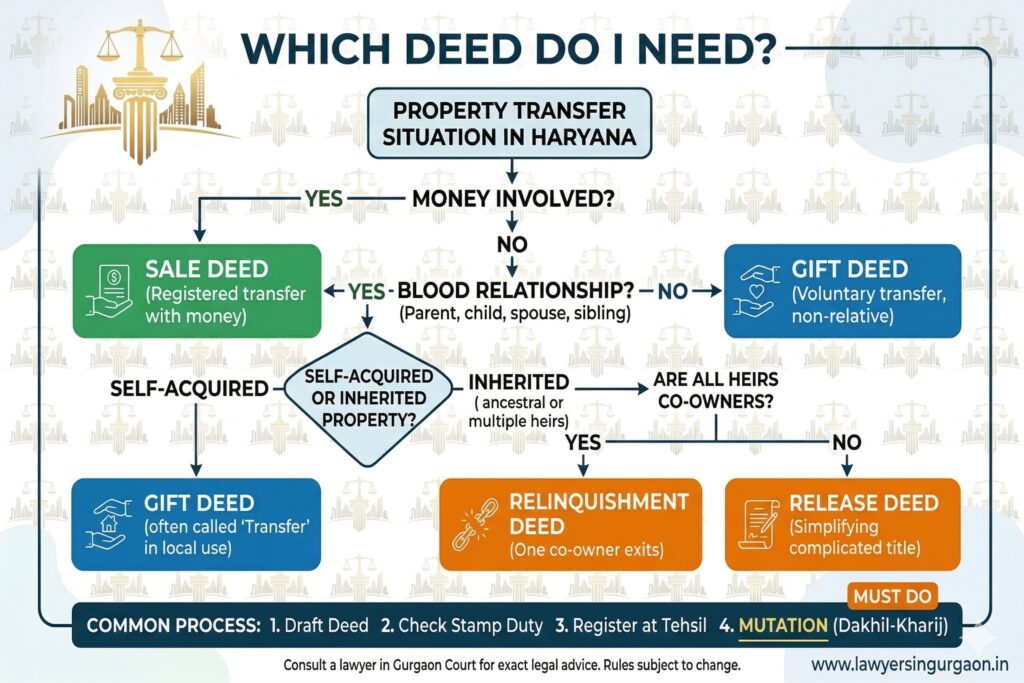 Flowchart explaining property transfer options in Haryana: Sale Deed, Gift Deed, Relinquishment Deed, and Release Deed for Gurgaon Court property registration.